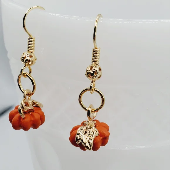 Orange pumpkin earrings 18k gold filigree handmade artisan fall Thanksgiving New - Picture 3 of 6